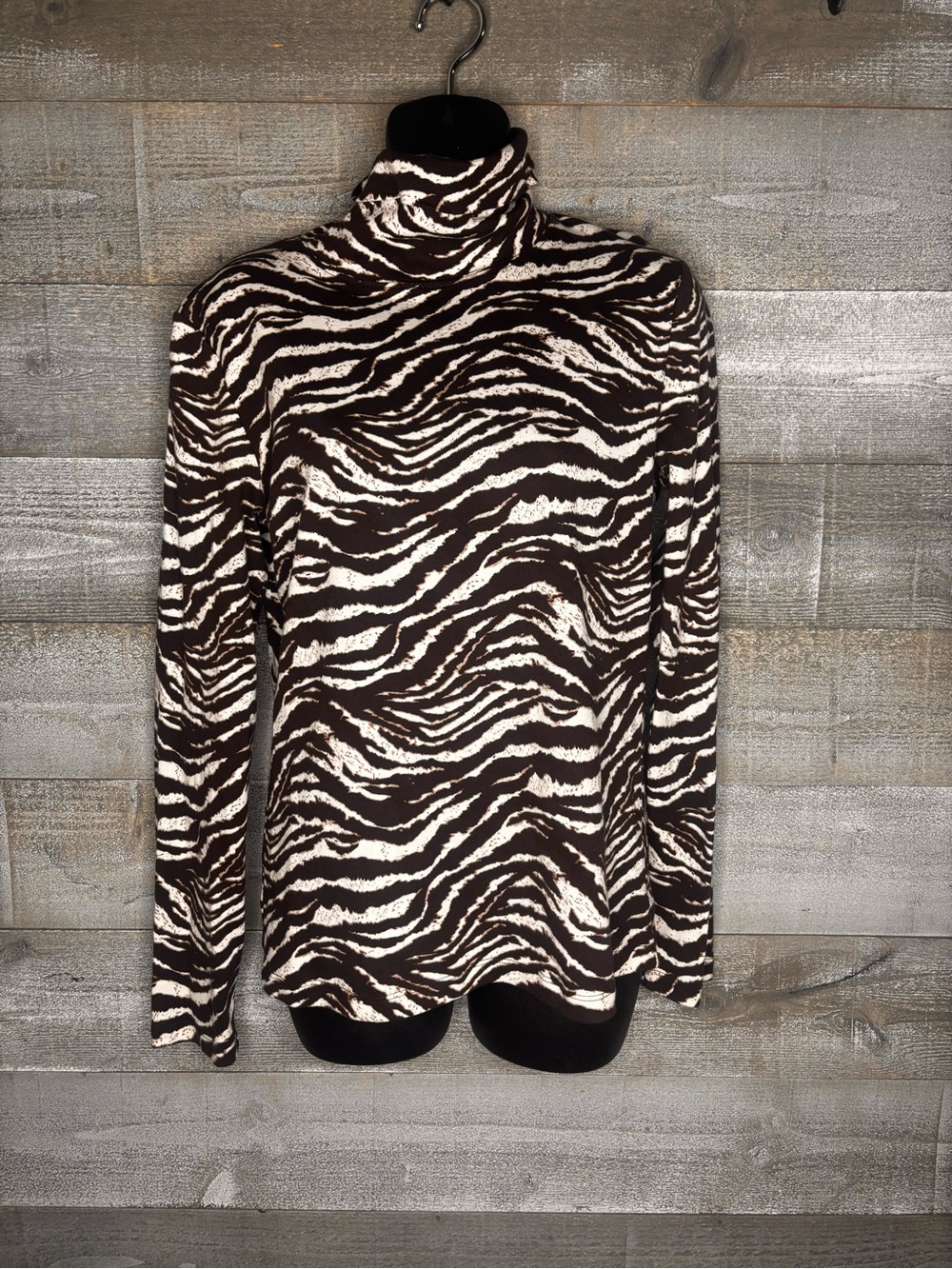 100% cotton Turtleneck Zebra-Print Knit Sweater - Brown & Cream